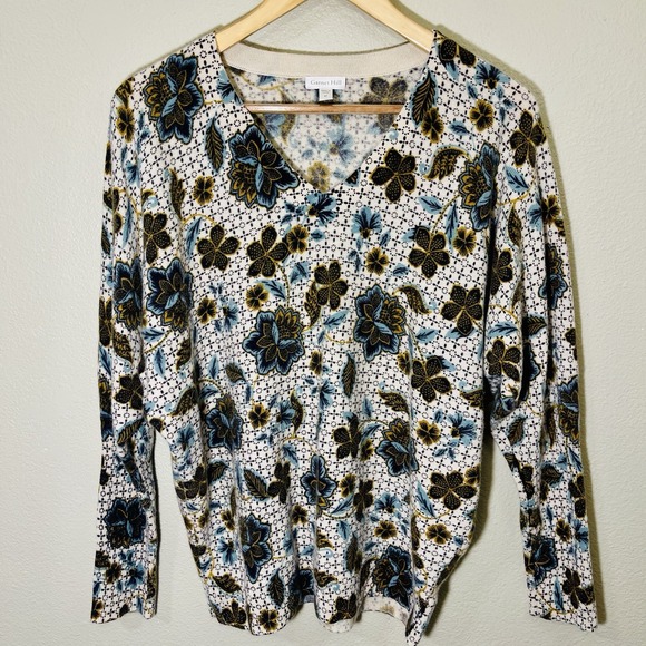 Garnet Hill Sweaters - Garnet Hill‎ Floral 100% Cashmere Pullover Sweater V Neck Warm Cozy Boho Size M